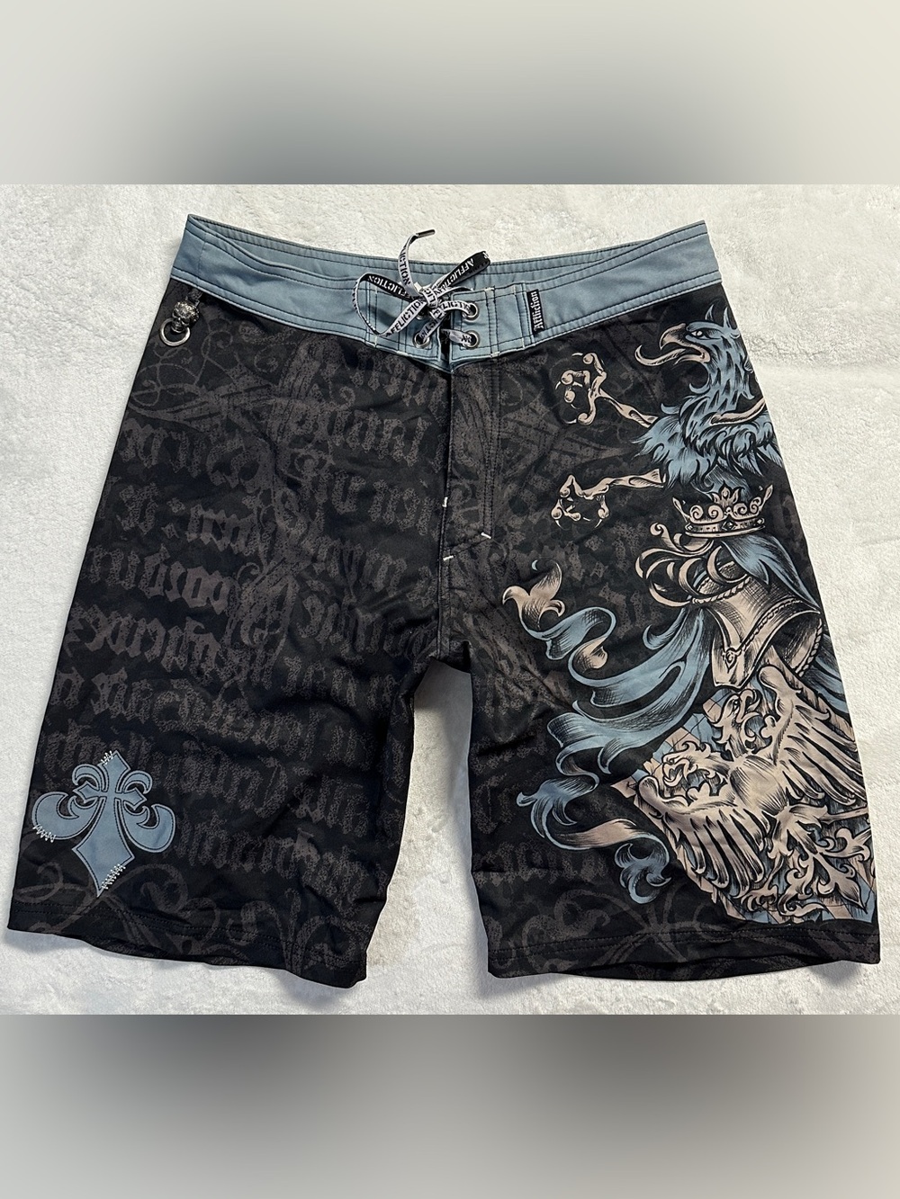Y2K AFFLICTION men's grey blue graphic AOP board shorts, 34".